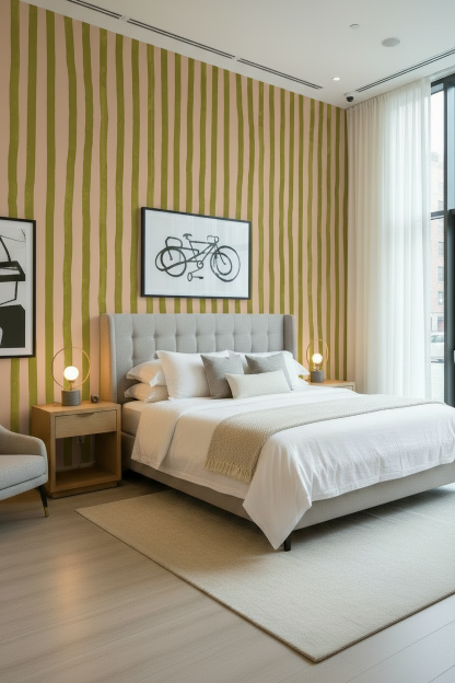 Dolce Stripe Wallpaper, peach and chartreuse