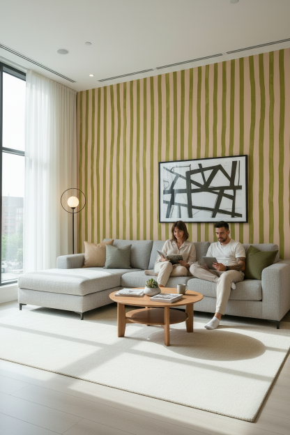 Dolce Stripe Wallpaper, peach and chartreuse