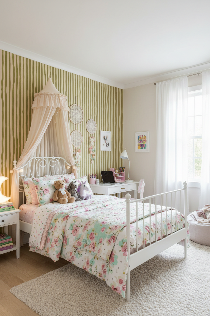 Dolce Stripe Wallpaper, peach and chartreuse