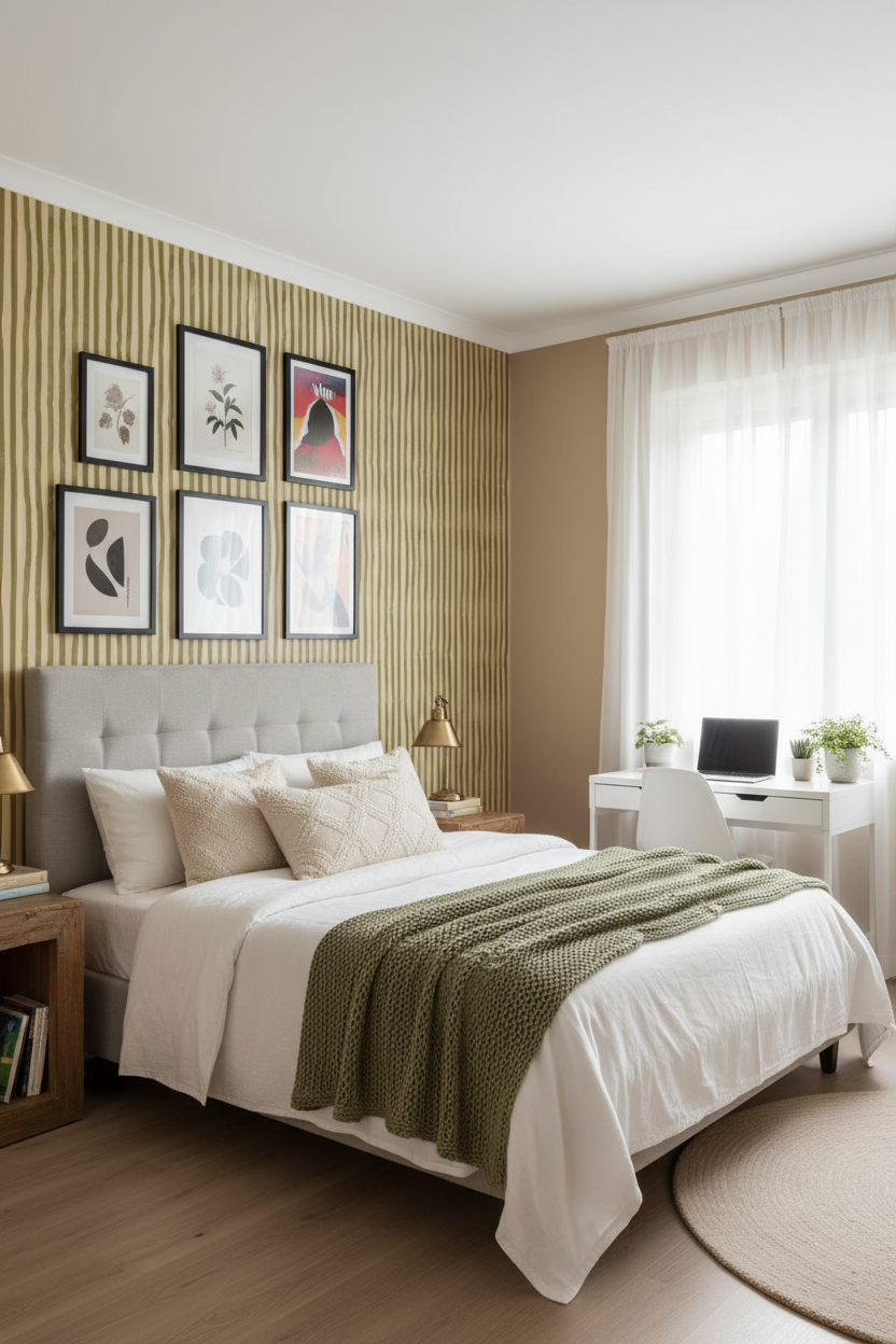 Dolce Stripe Wallpaper, peach and chartreuse