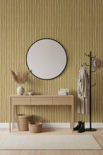 Dolce Stripe Wallpaper, peach and chartreuse