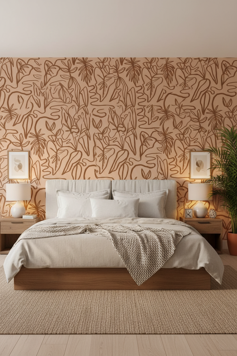 Inked Foliage Wallpaper, peach and rust