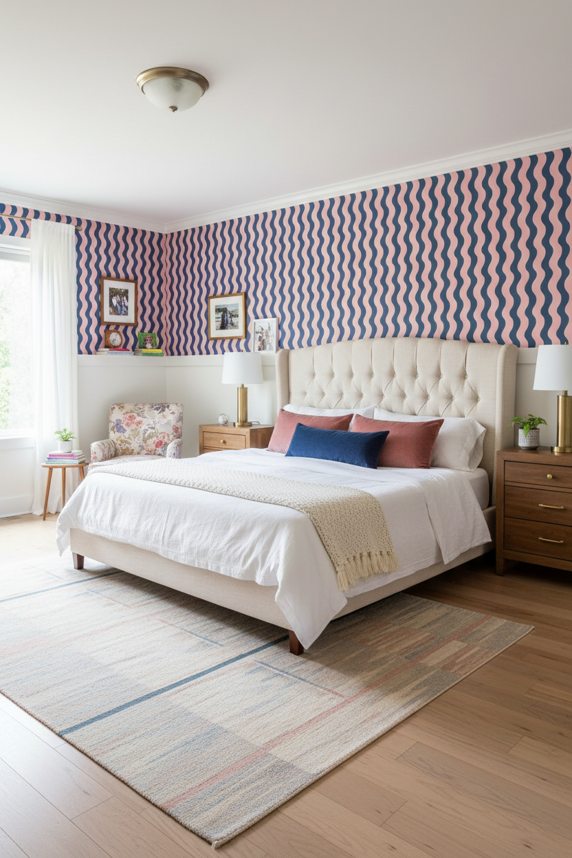 Ziggy Stripe Wallpaper, blue and pink