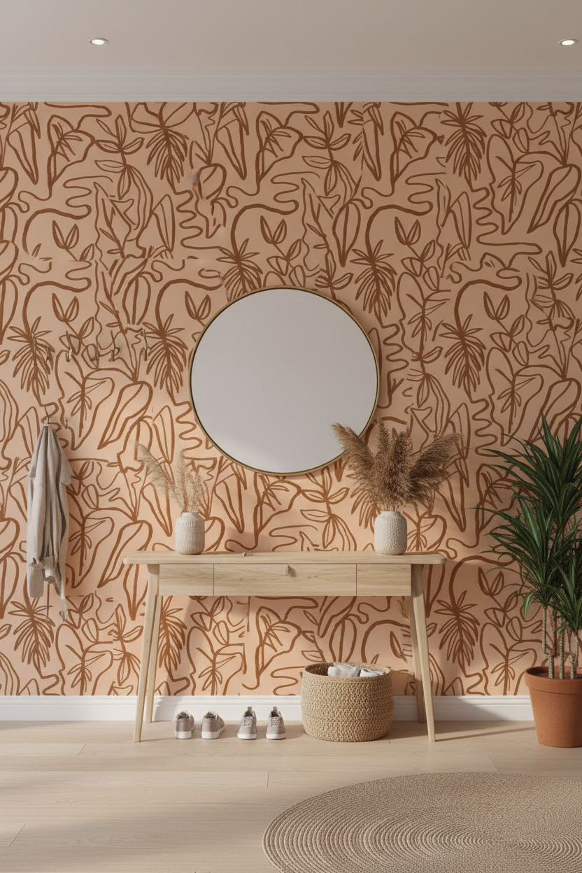 Inked Foliage Wallpaper, peach and rust