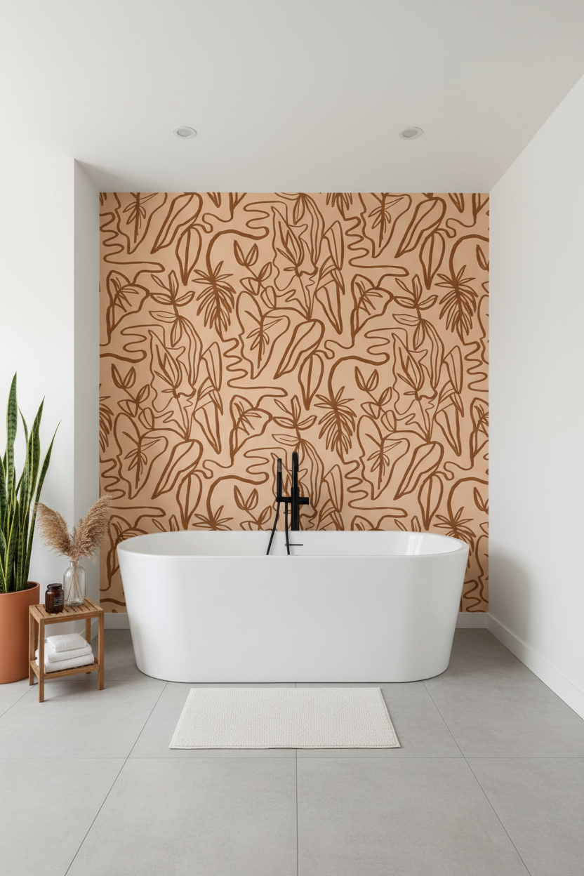 Inked Foliage Wallpaper, peach and rust