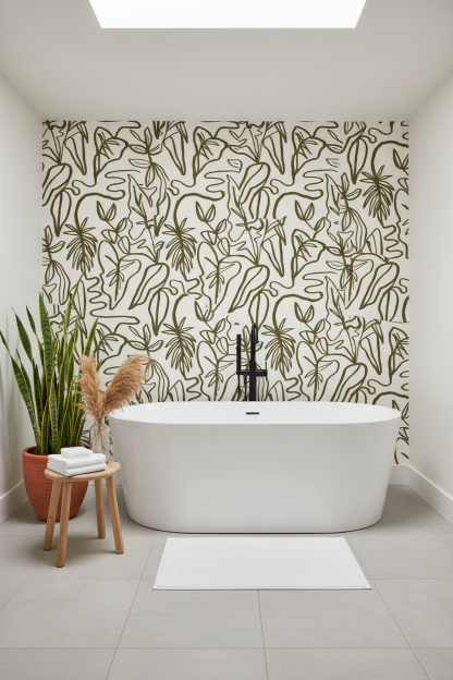 Inked Foliage Wallpaper, white and olive green