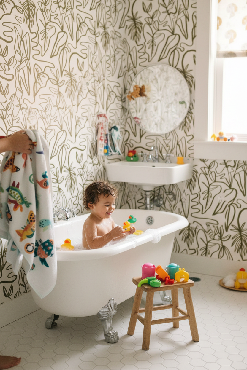 Inked Foliage Wallpaper, white and olive green