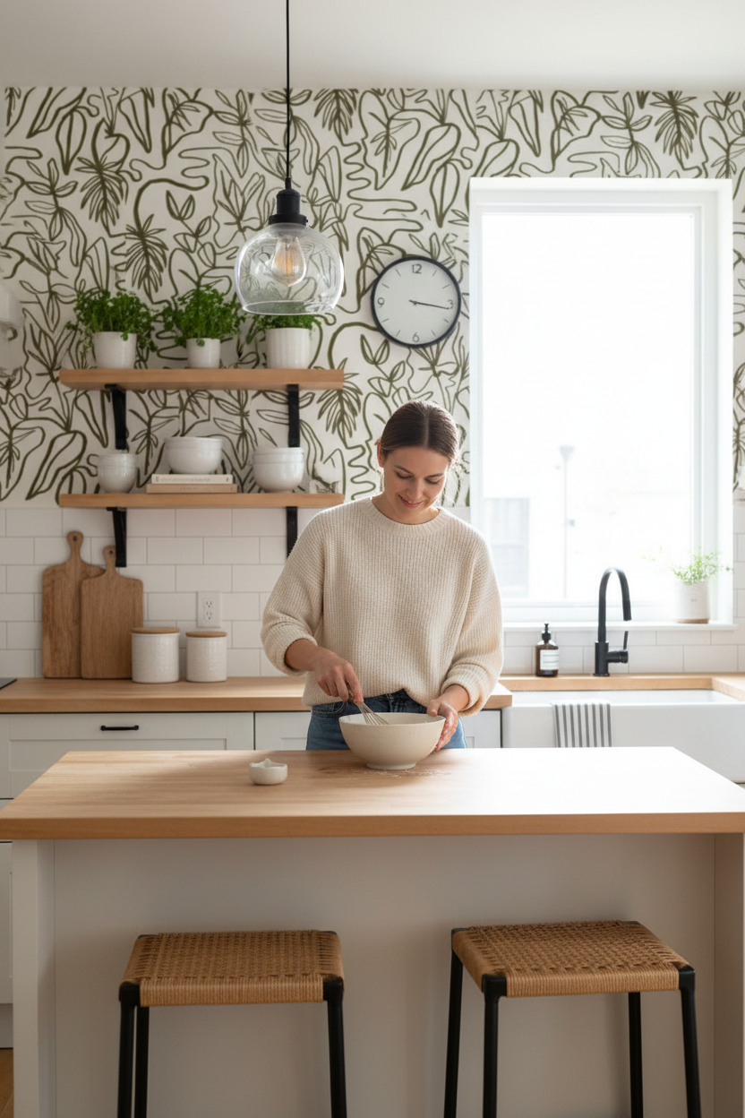 Inked Foliage Wallpaper, white and olive green