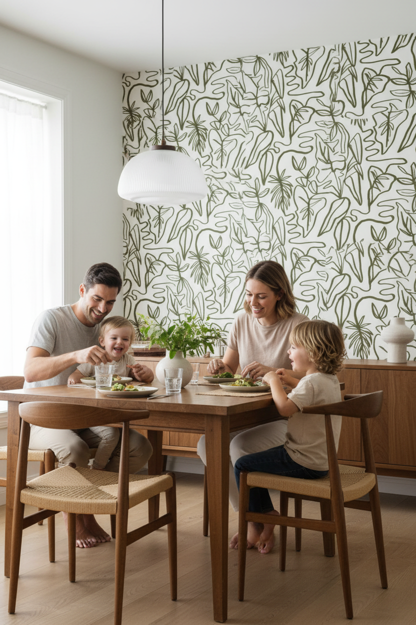 Inked Foliage Wallpaper, white and olive green
