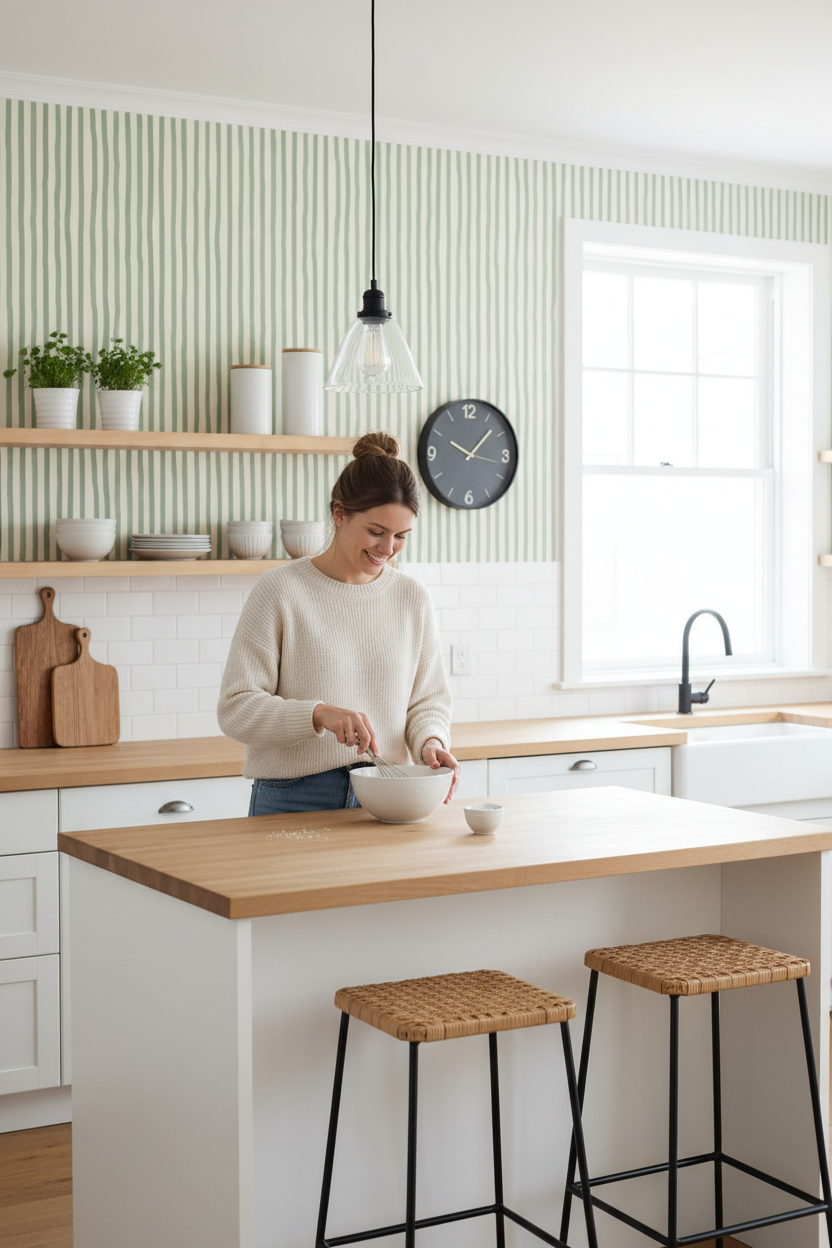 Dolce Stripe Wallpaper, off-white and sage