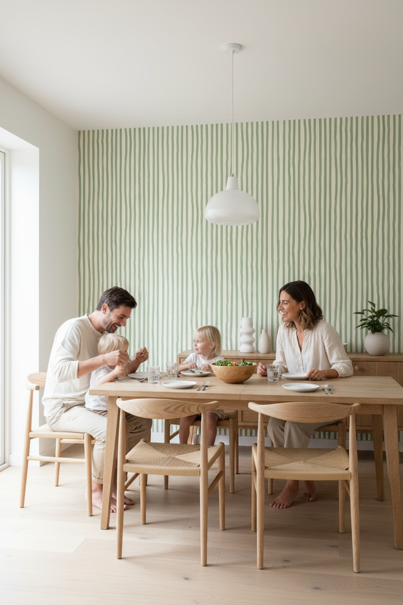 Dolce Stripe Wallpaper, off-white and sage