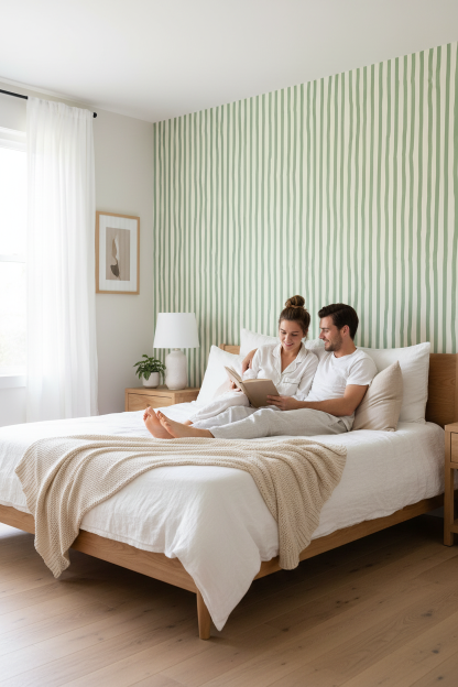 Dolce Stripe Wallpaper, off-white and sage