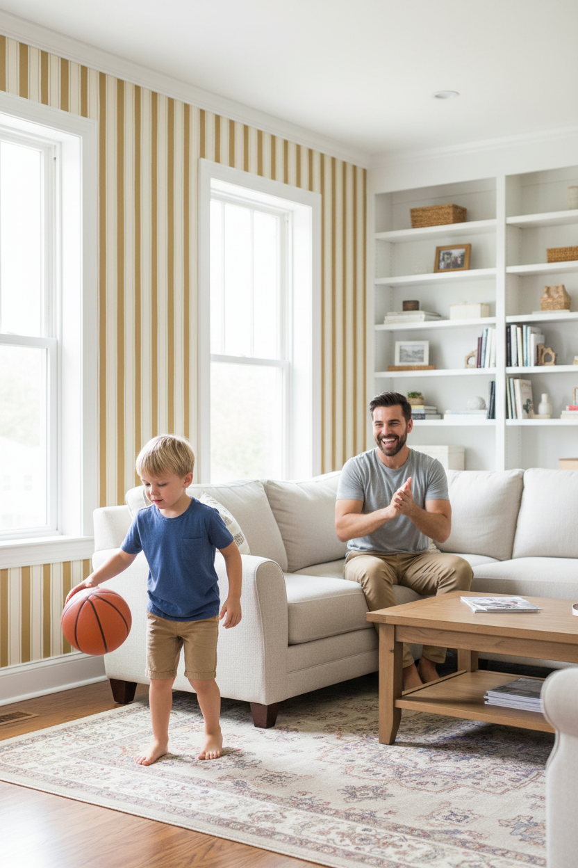 Riviera Stripe Wallpaper, off-white and mustard yellow