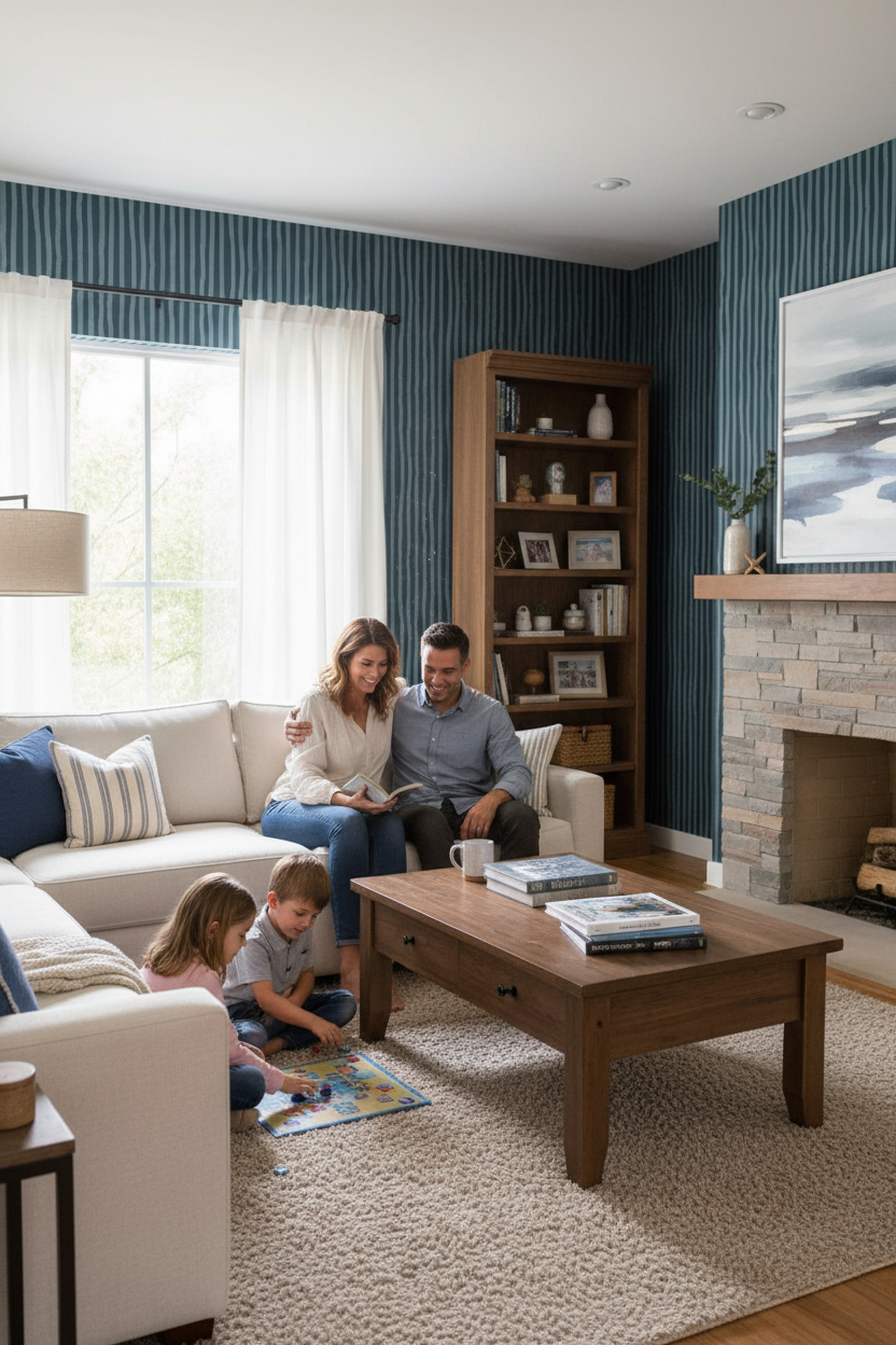 Dolce Stripe Wallpaper, navy and light blue