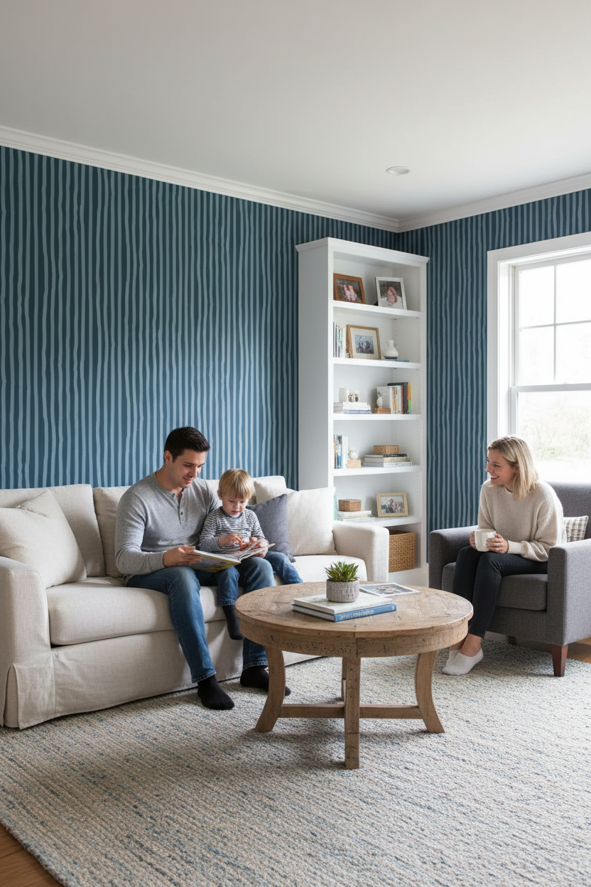 Dolce Stripe Wallpaper, navy and light blue