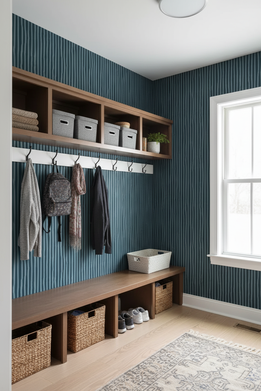 Dolce Stripe Wallpaper, navy and light blue