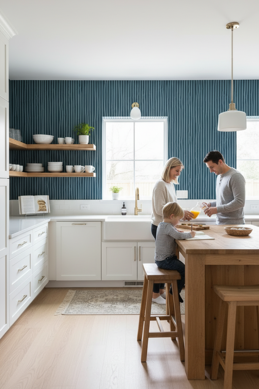 Dolce Stripe Wallpaper, navy and light blue