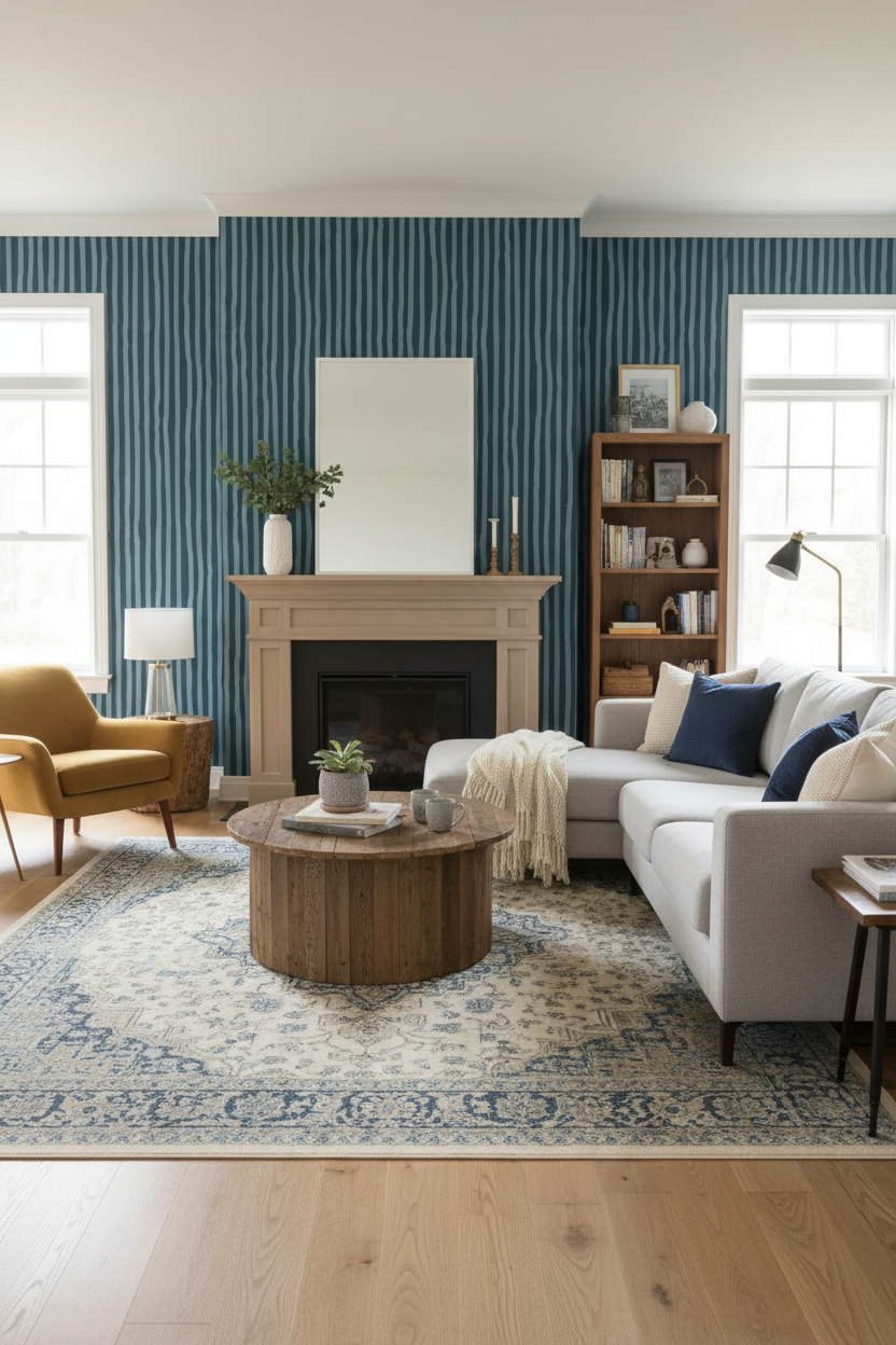 Dolce Stripe Wallpaper, navy and light blue