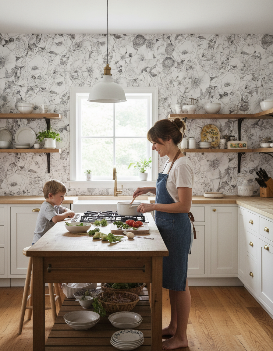 Floral Reverie Wallpaper, black and white