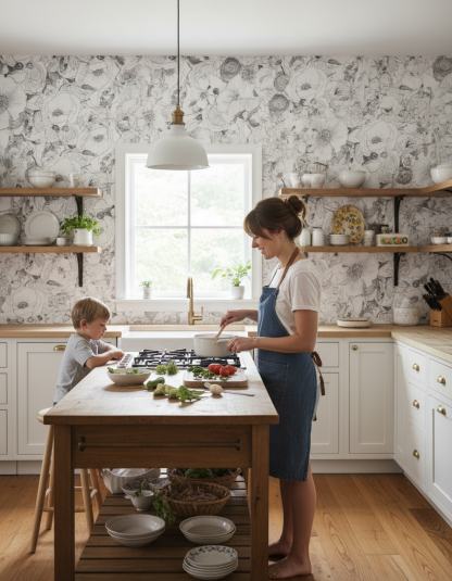 Floral Reverie Wallpaper, black and white