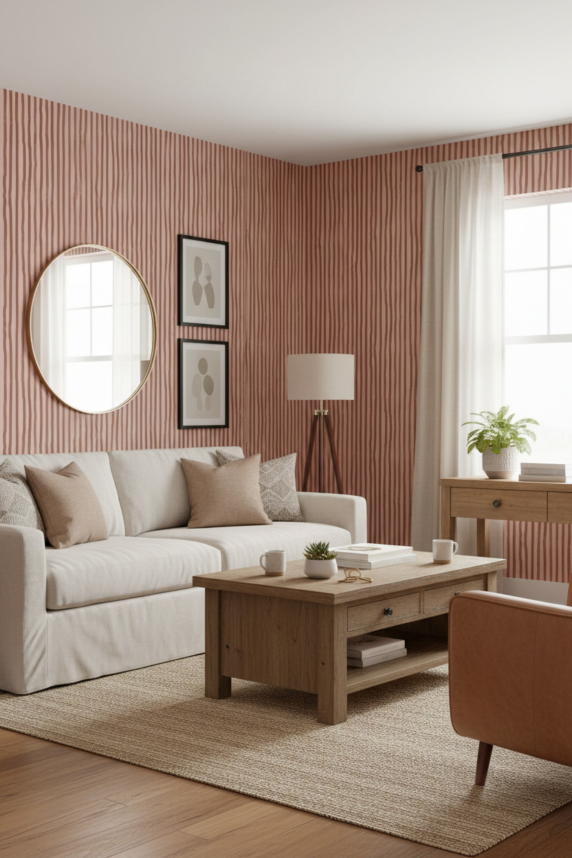 Dolce Stripe Wallpaper, pink and brick red