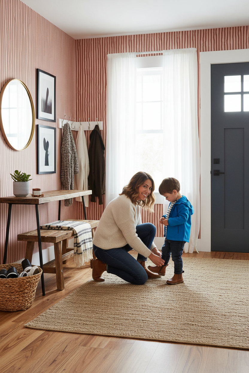 Dolce Stripe Wallpaper, pink and brick red