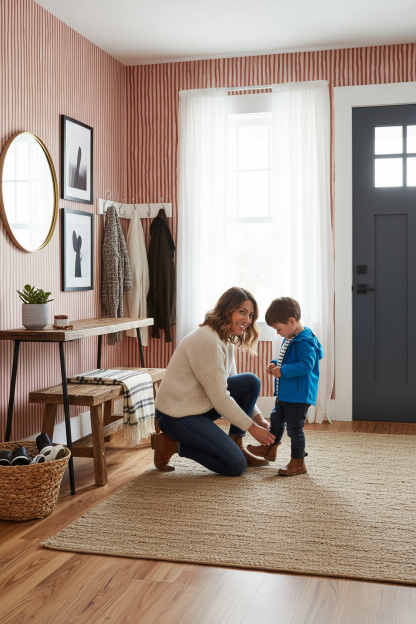 Dolce Stripe Wallpaper, pink and brick red