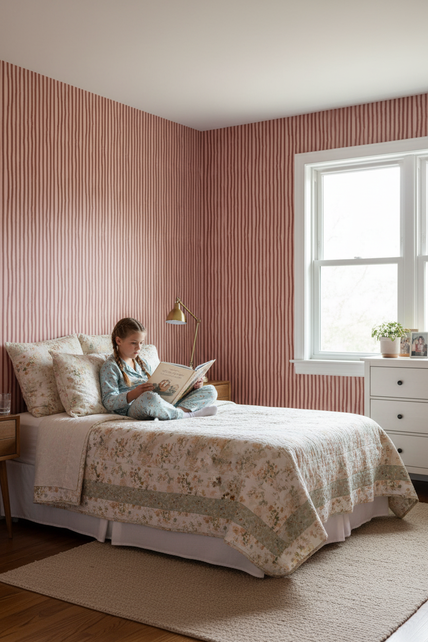 Dolce Stripe Wallpaper, pink and brick red