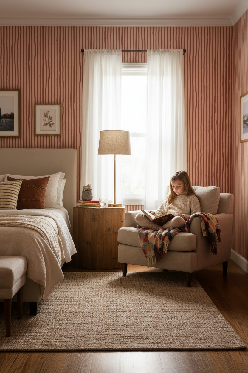 Dolce Stripe Wallpaper, pink and brick red