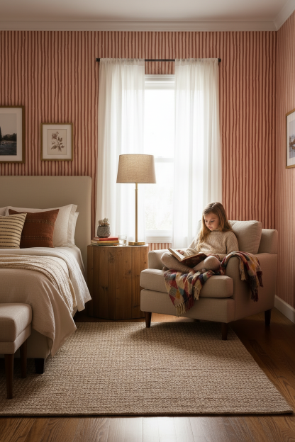 Dolce Stripe Wallpaper, pink and brick red