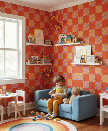 Checkered Quilt Wallpaper, red-orange, yellow and purple