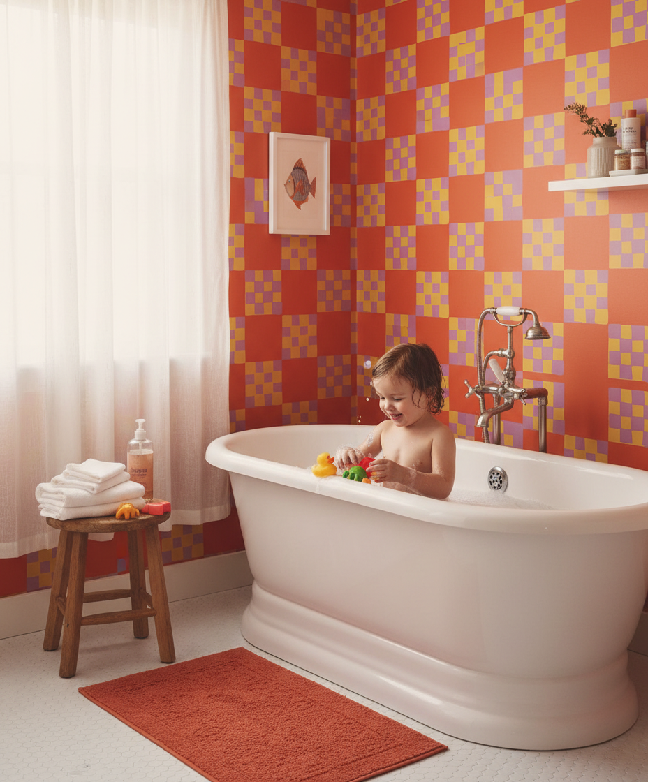 Checkered Quilt Wallpaper, red-orange, yellow and purple