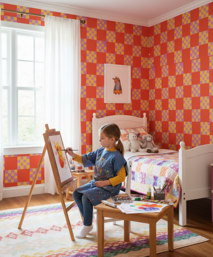 Checkered Quilt Wallpaper, red-orange, yellow and purple