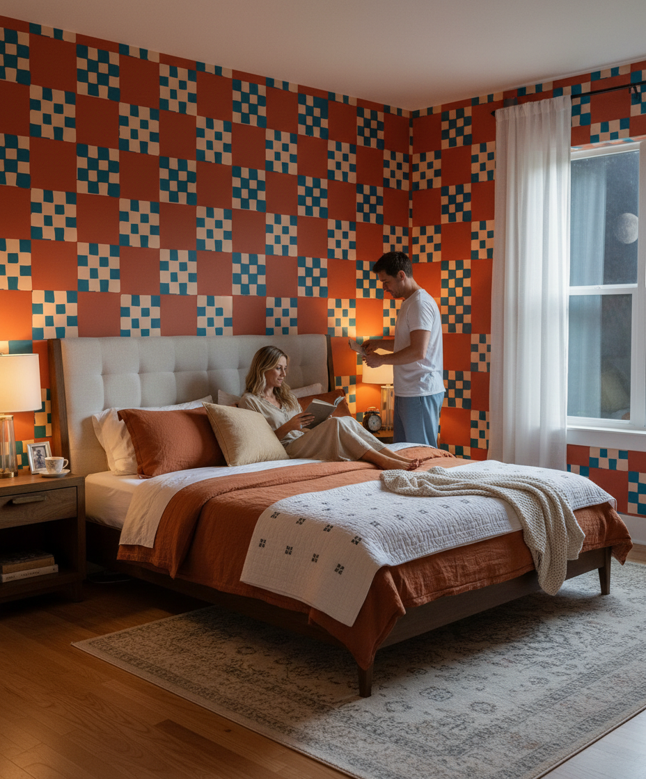 Checkered Quilt Wallpaper, rust, peach & blue