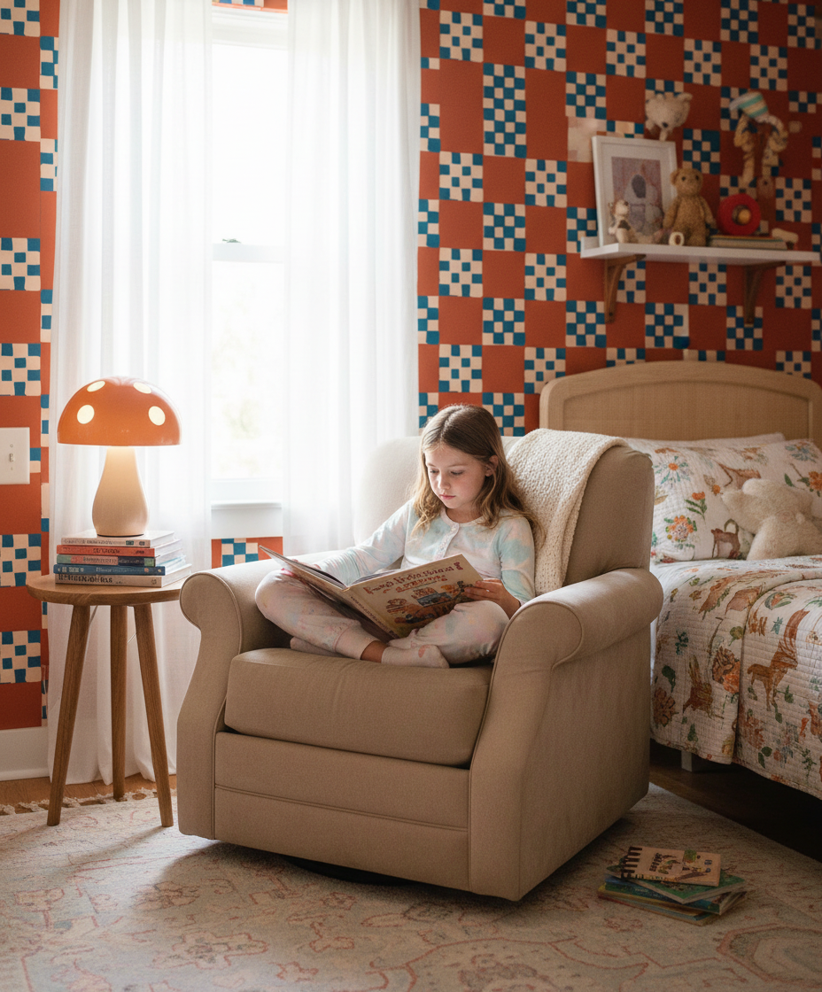Checkered Quilt Wallpaper, rust, peach & blue