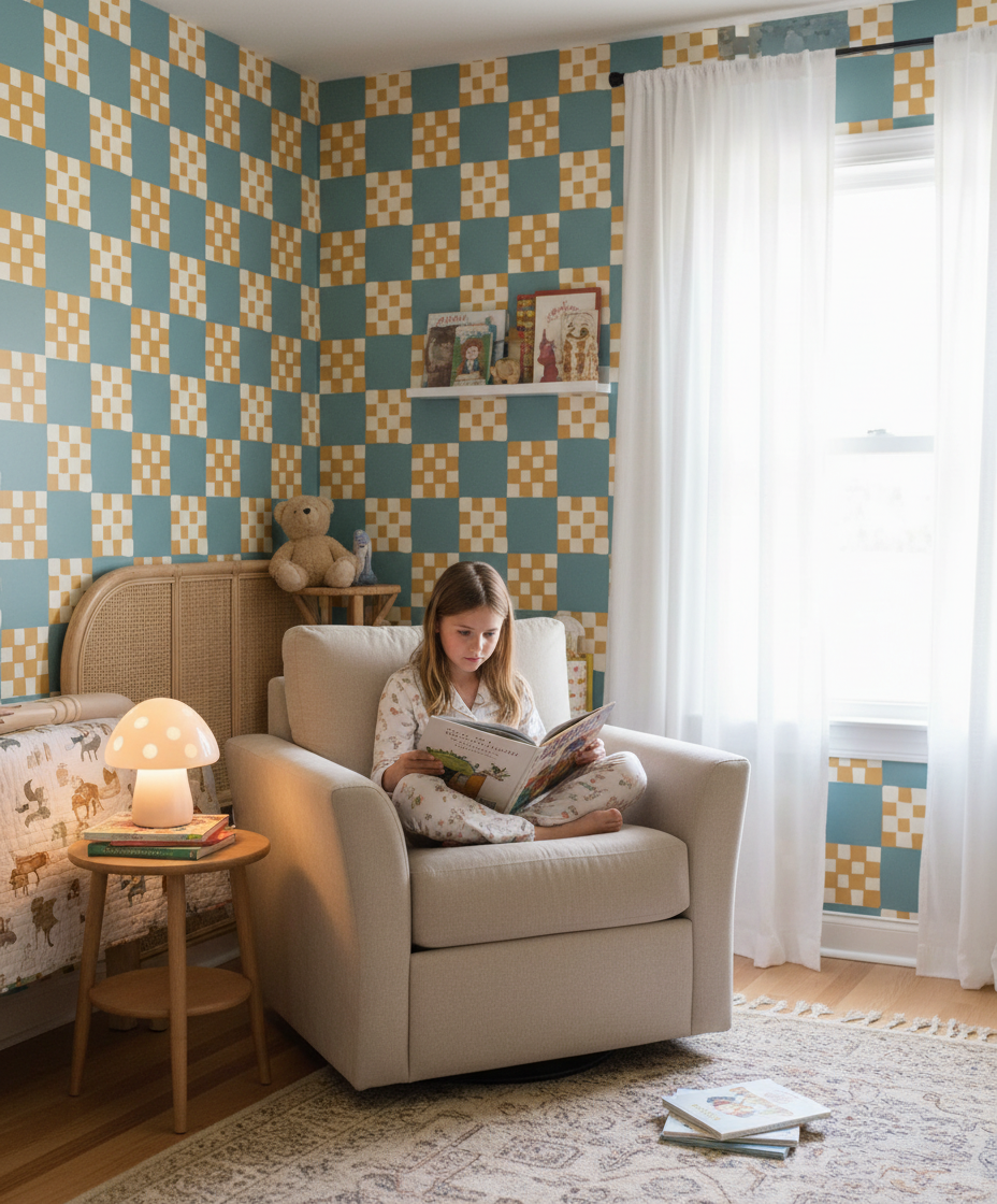 Checkered Quilt Wallpaper, light blue and yellow