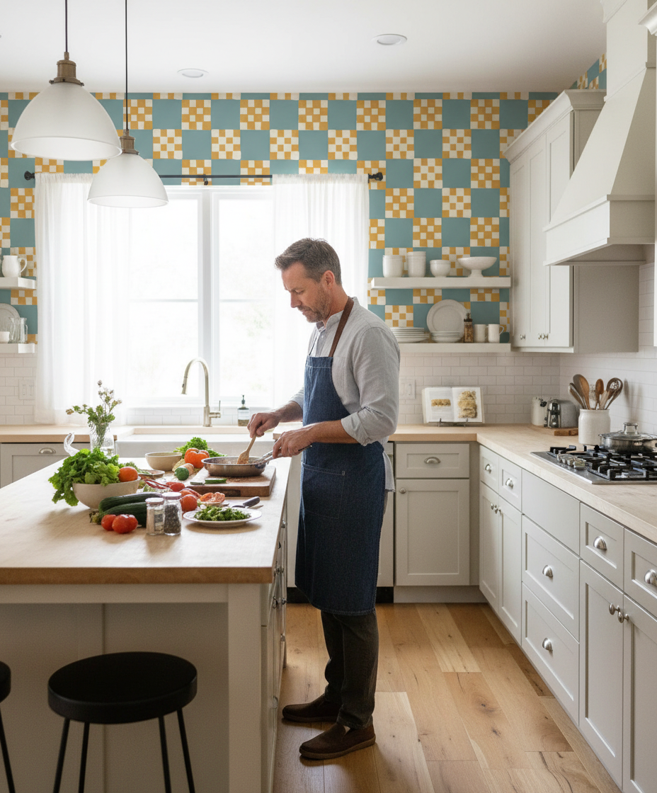 Checkered Quilt Wallpaper, light blue and yellow