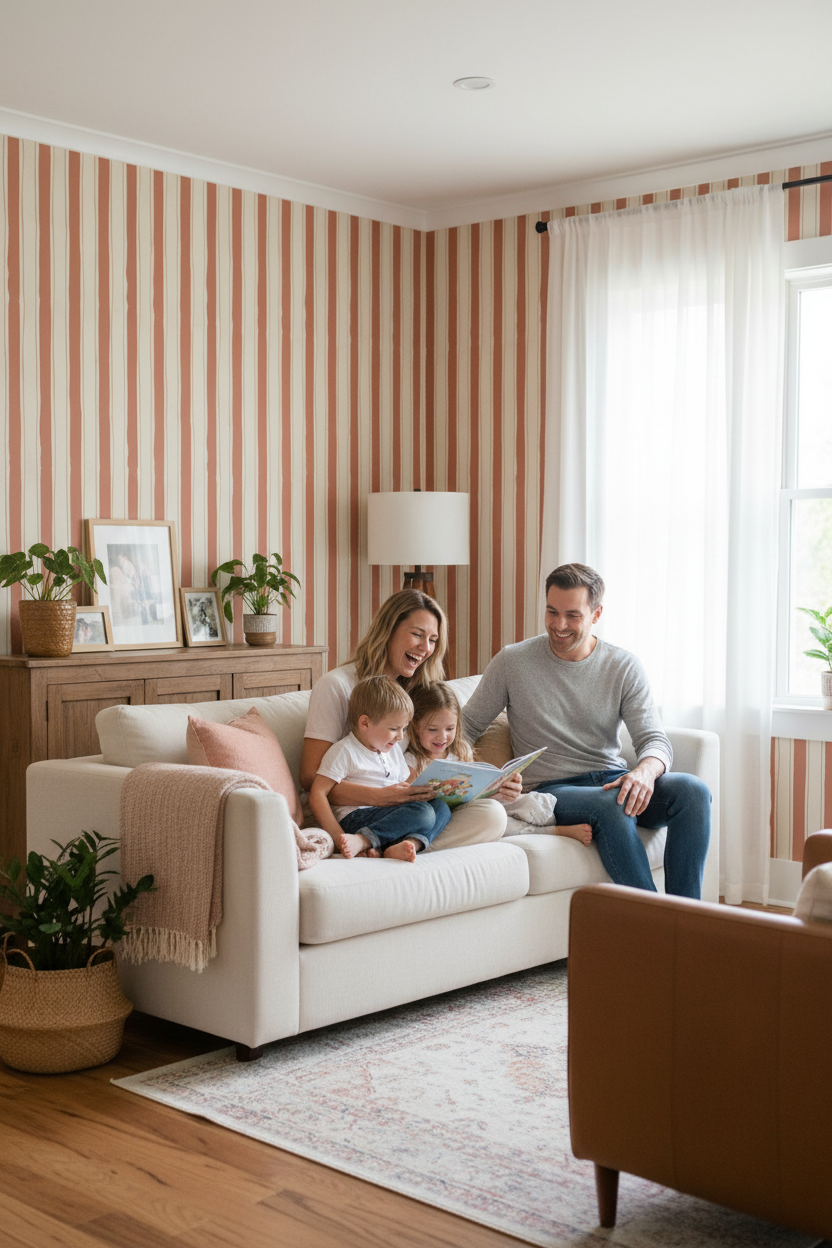 Riviera Stripe Wallpaper, off-white and terra cotta