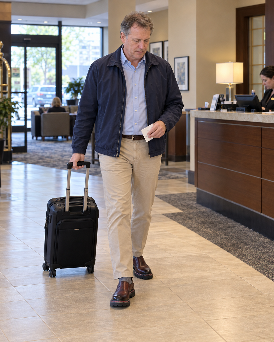 Man wearing StepReady Forge loafers and pulling a carry-on through a hotel lobby