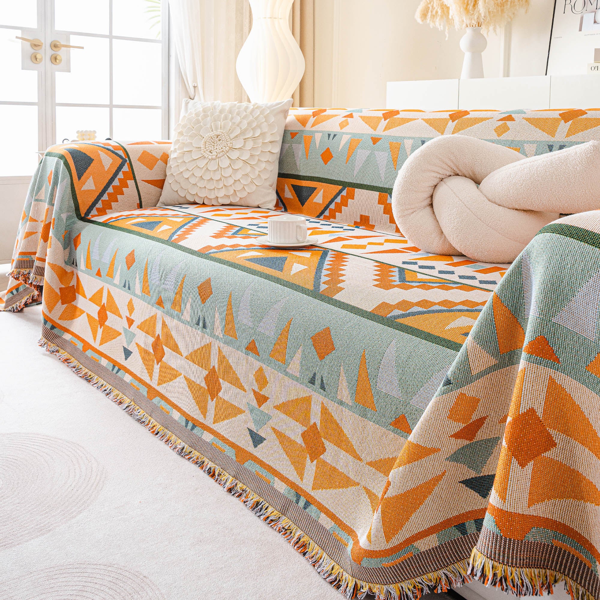 Tribal Sunset Pattern Geometric Chenille Couch Cover Soft Breathable Stylish Sofa Protection for an Easy-to-Clean Home Upgrade