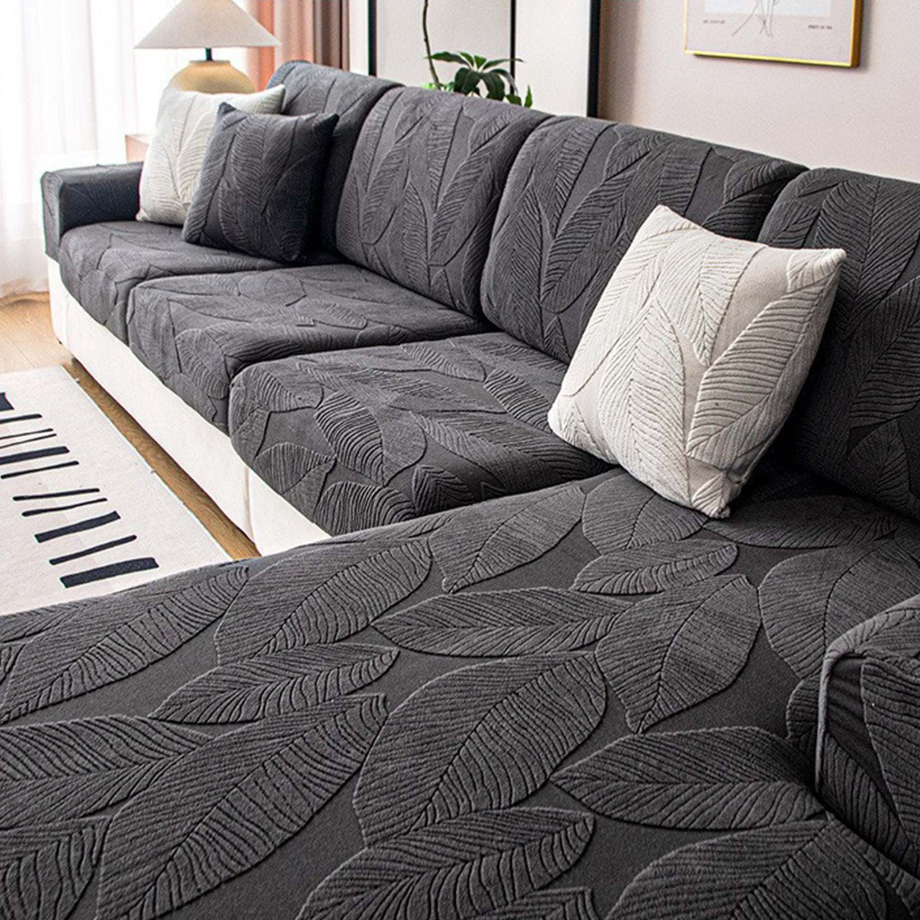 Modern Leaf Velvet Jacquard Stretch Sofa Cover – Waterproof, Pet Friendly & Durable, Full Wrap Design