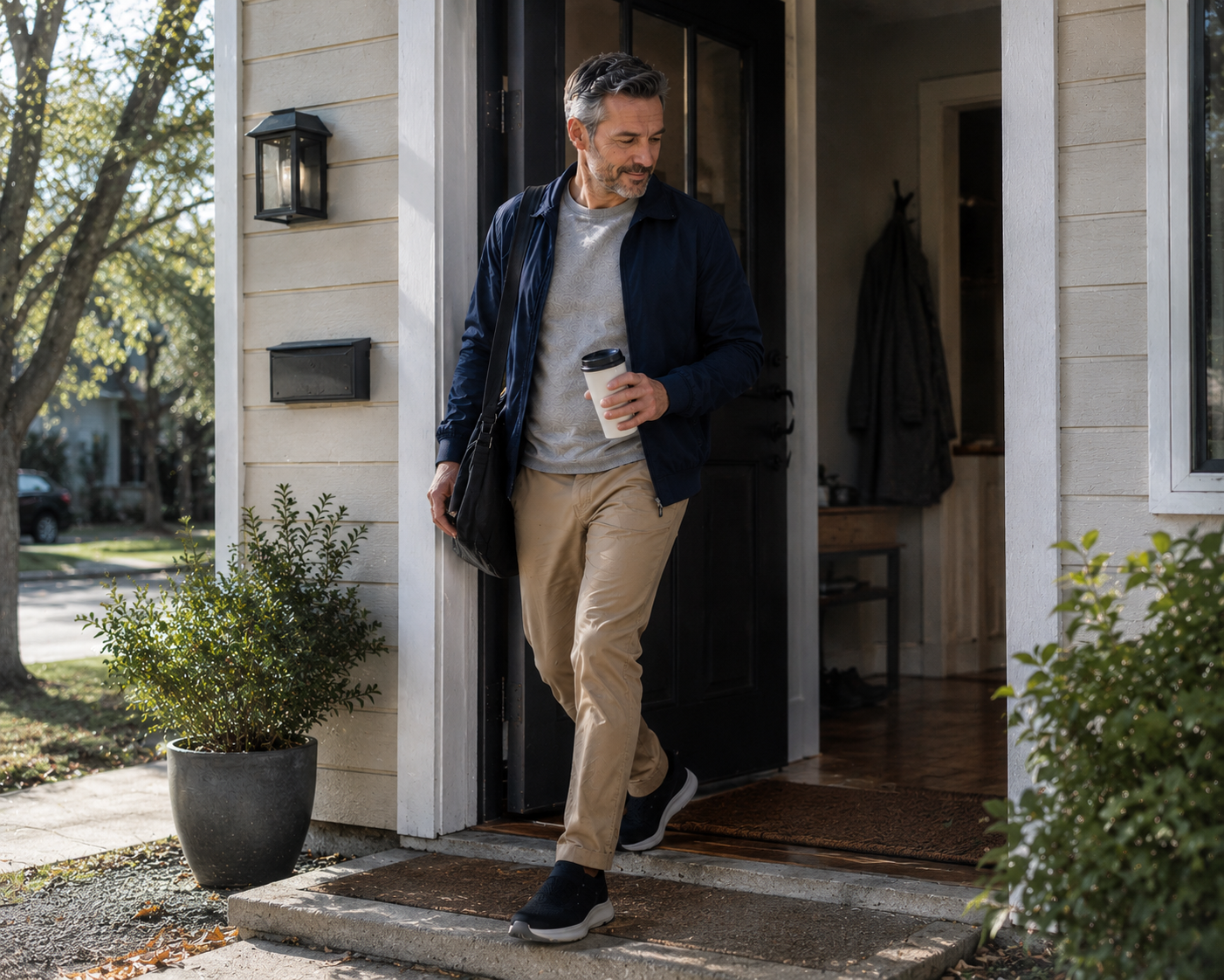 Man walking in black StepReady wide walking shoes