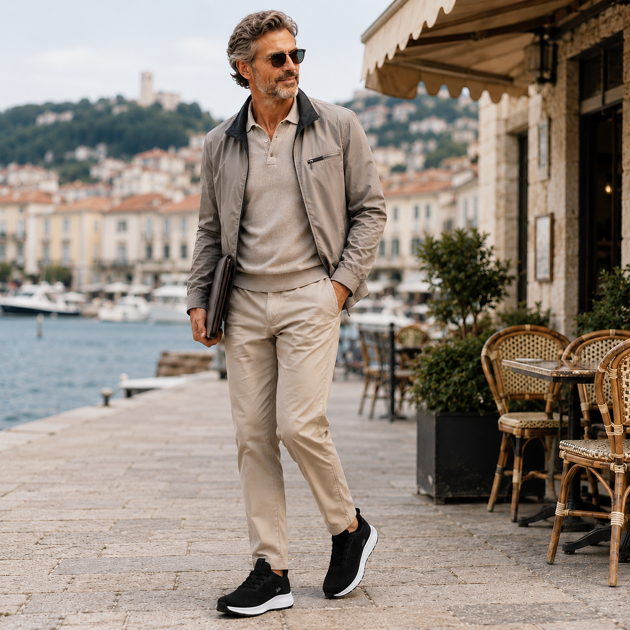 Man moving comfortably in black StepReady walking shoes