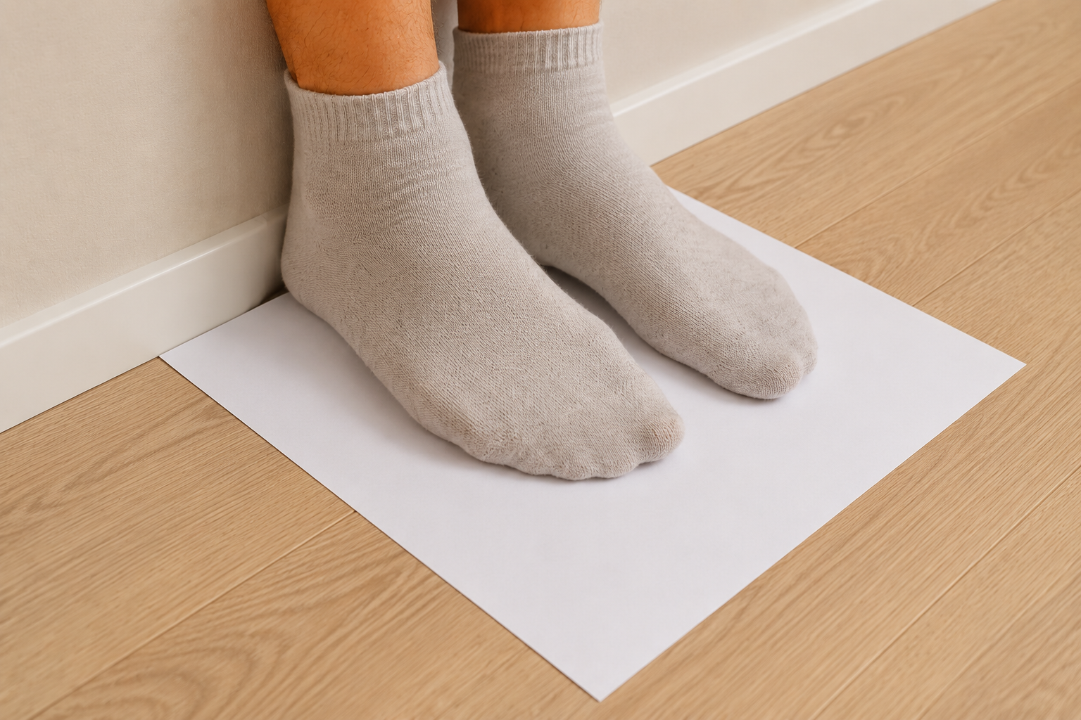 Feet standing naturally on paper against a wall