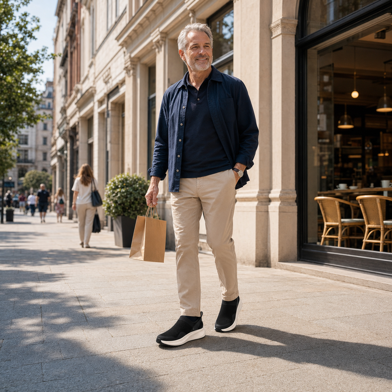 Mature man walking in StepReady hands-free comfort shoes