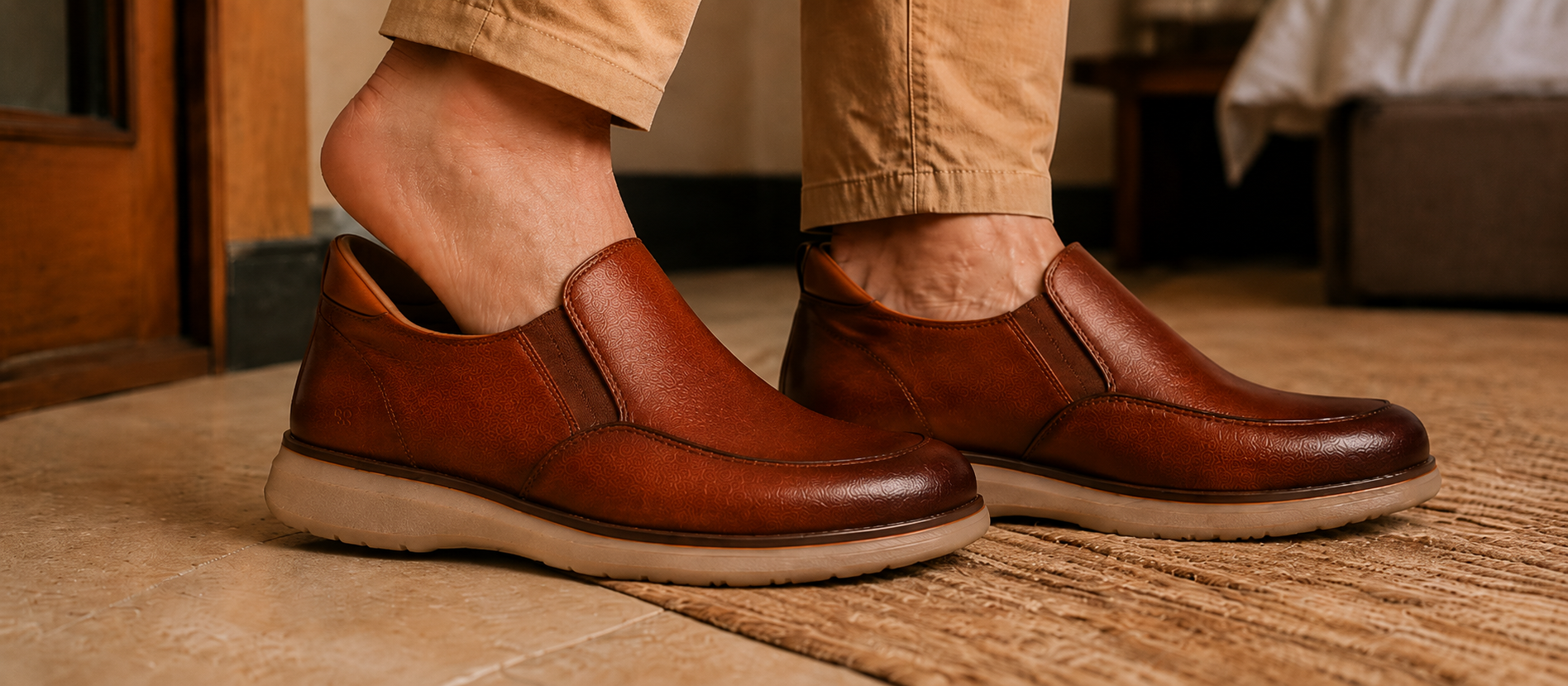 StepReady brown leather hands-free loafer being stepped into without bending or crushing the heel