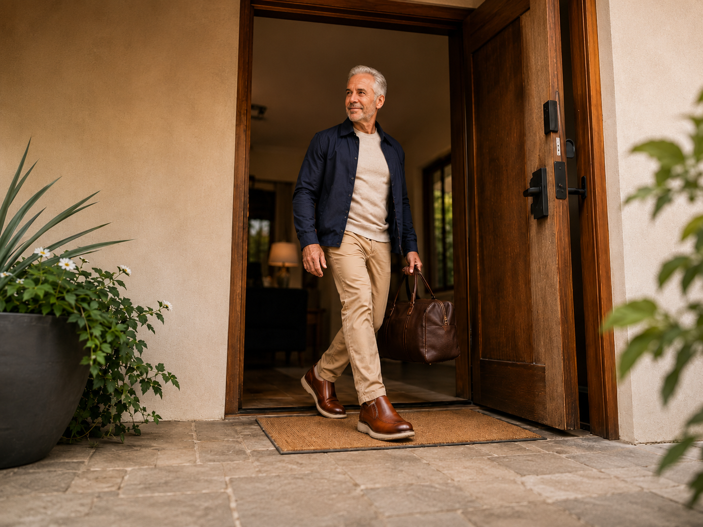 Mature man wearing StepReady brown leather loafers while leaving home with a travel bag