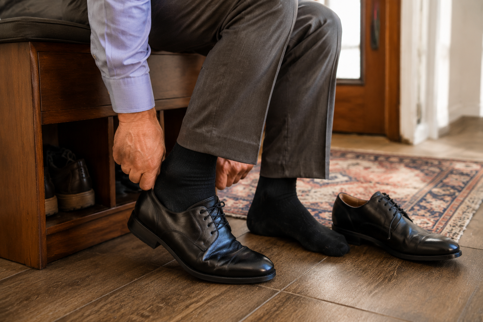 Traditional dress shoe hard to put on with bending and tugging