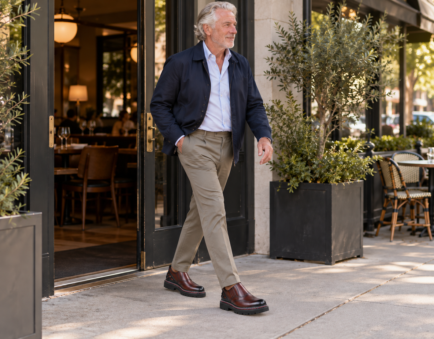 Man wearing StepReady Forge leather loafers outside a restaurant