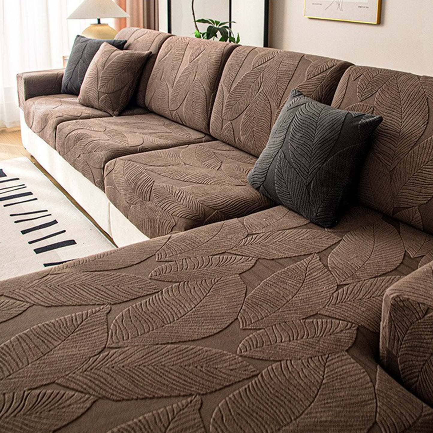 Modern Leaf Velvet Jacquard Stretch Sofa Cover – Waterproof, Pet Frien
